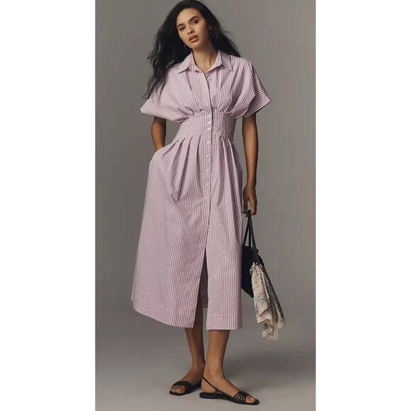 Exquise Anthropologie Midi Shirt Dress Tobie Purple Pleated Preppy Boho XS NWT - Picture 1 of 14